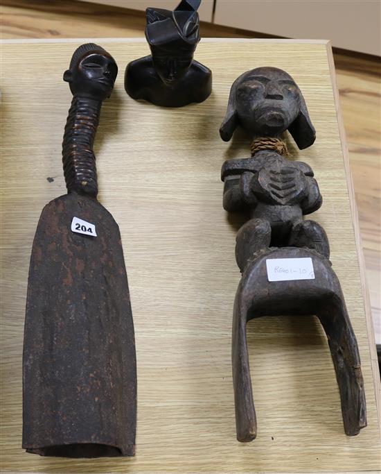 A Ghana tribal figure, a bell and a bust tallest 22cm